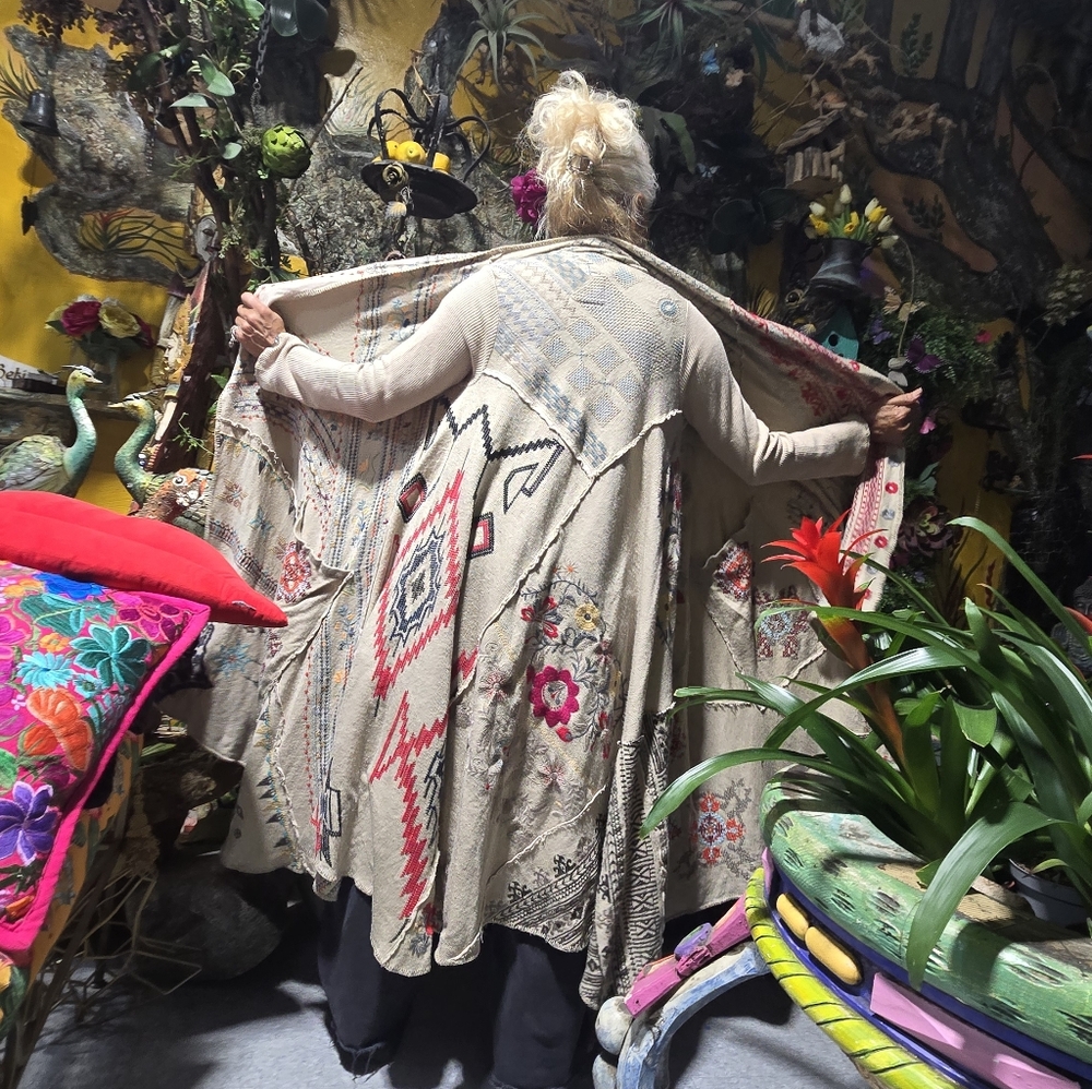 Embroidered Boho Long Cardigan Shrug - Cream